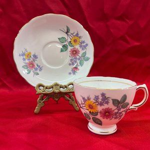 Royal Vale Teacup Saucer Set Yellow Pink Green Floral Fine Bone China